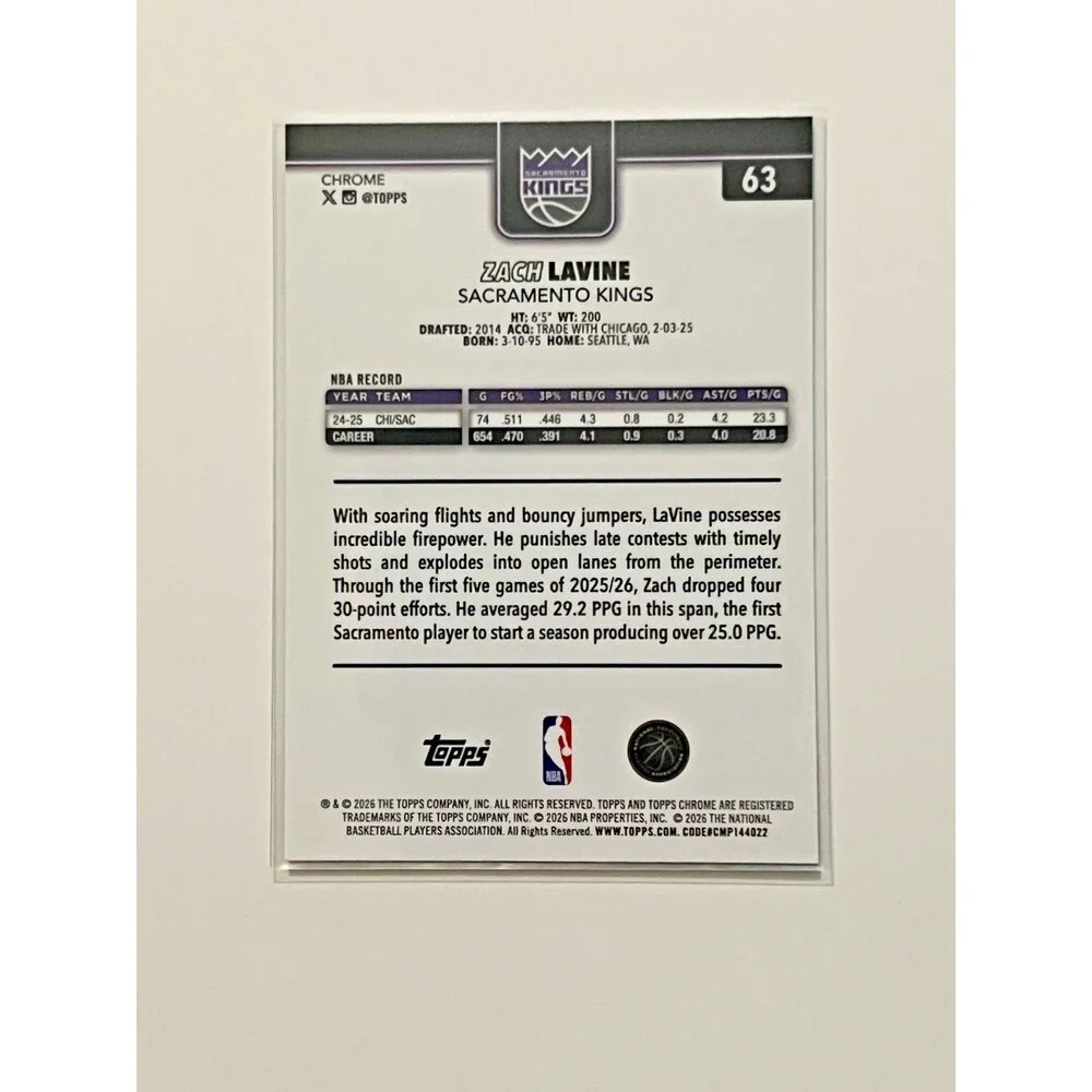 2026 Topps Chrome Zach LaVine Sacramento Kings #63 091/199
